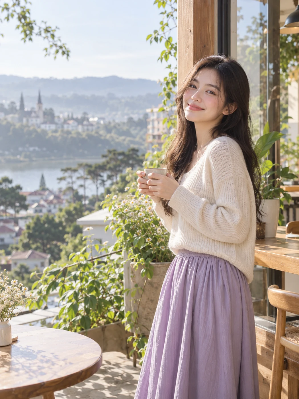 Ảnh AI minh họa một cô gái bên cửa sổ quán cà phê
